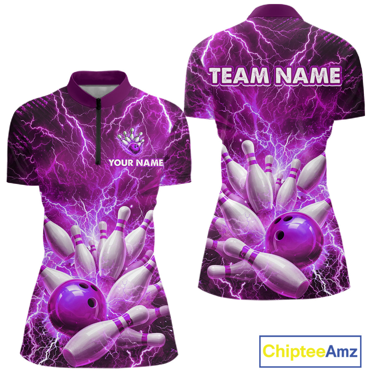 Purple Lightning Bowling Shirts for Team Women Men Custom Bowling Polo & 1/4 Zip Shirt MBL241