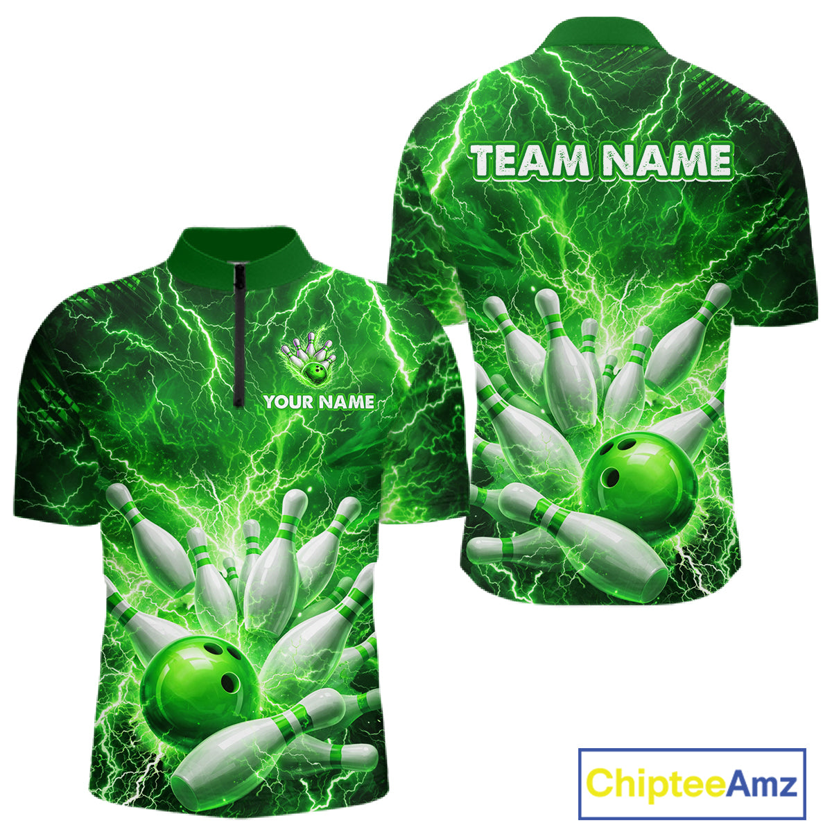 Green Lightning Bowling Shirts for Team Women Men Custom Bowling Polo & 1/4 Zip Shirt MBL241