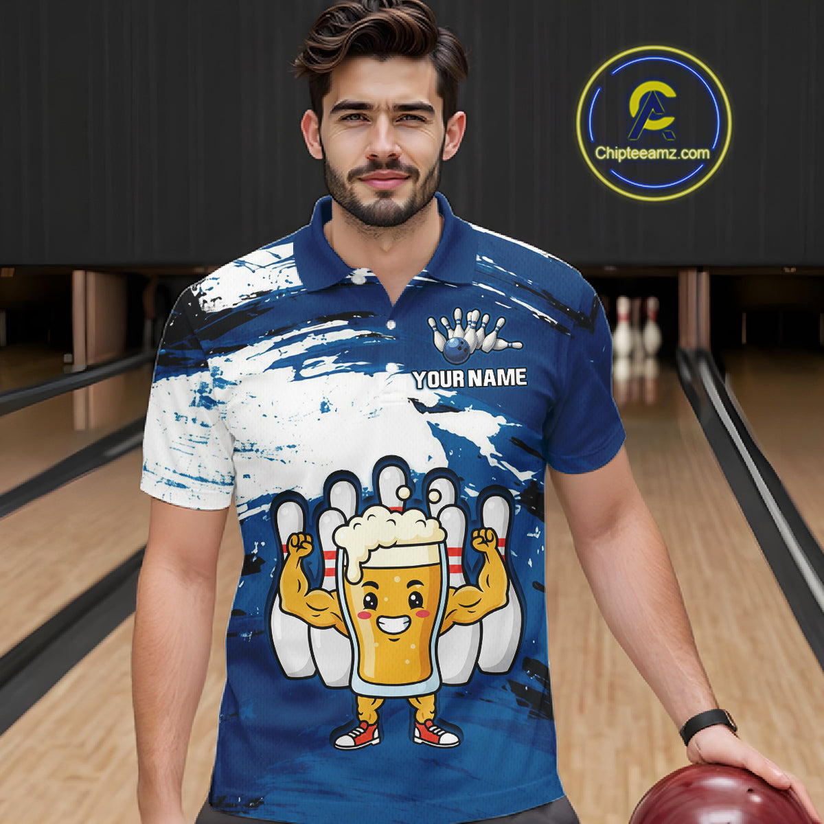 Blue Funny Beer Bowling Shirts for Women Men Team Bowling Polo&1/4 Zip Bowl League MBL253
