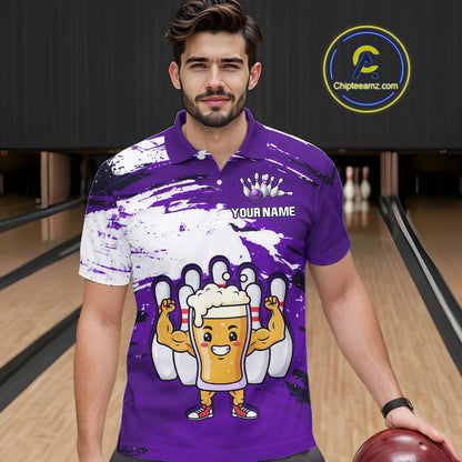 Purple Funny Beer Bowling Shirts for Women Men Team Bowling Polo&1/4 Zip Bowl League MBL253