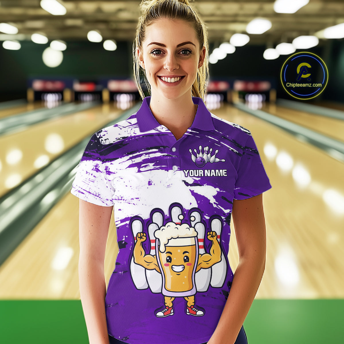 Purple Funny Beer Bowling Shirts for Women Men Team Bowling Polo&1/4 Zip Bowl League MBL253