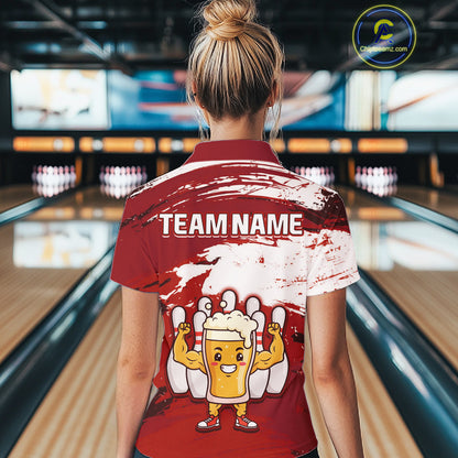 Red Funny Beer Bowling Shirts for Women Men Team Bowling Polo&1/4 Zip Bowl League MBL253