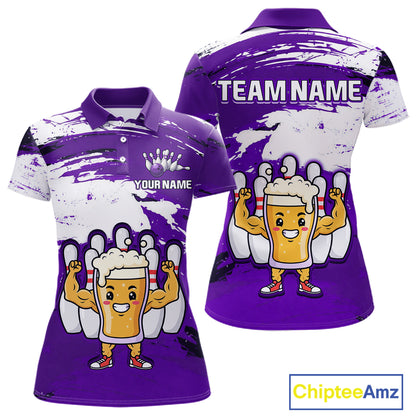 Purple Funny Beer Bowling Shirts for Women Men Team Bowling Polo&1/4 Zip Bowl League MBL253