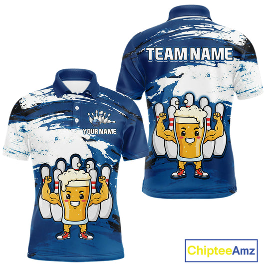 Blue Funny Beer Bowling Shirts for Women Men Team Bowling Polo&1/4 Zip Bowl League MBL253