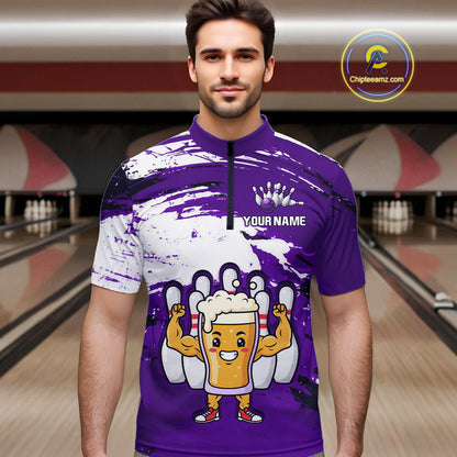 Purple Funny Beer Bowling Shirts for Women Men Team Bowling Polo&1/4 Zip Bowl League MBL253