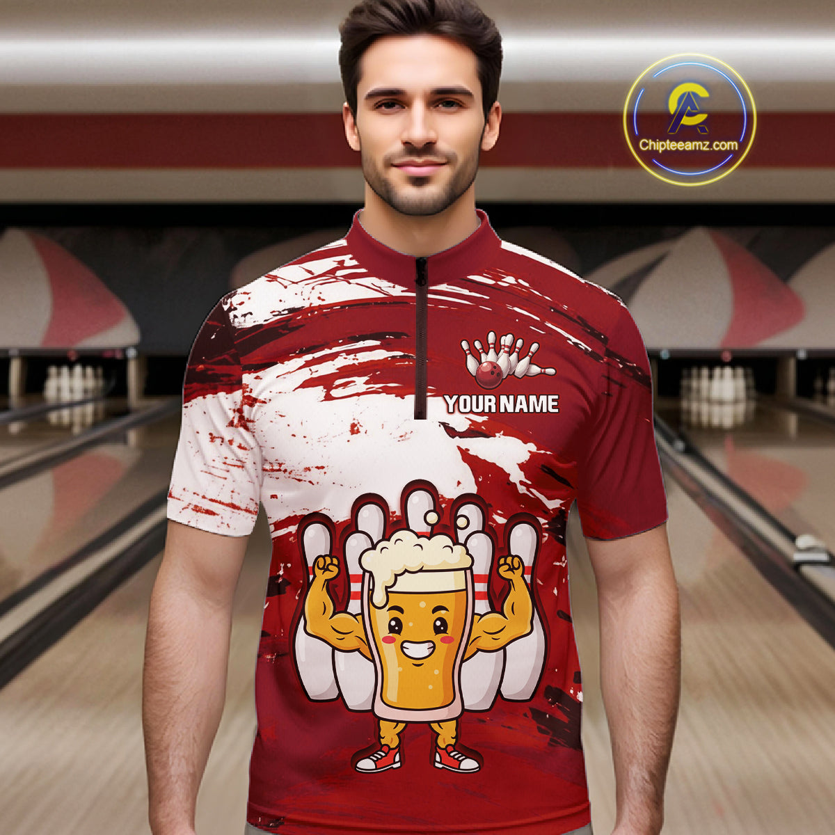 Red Funny Beer Bowling Shirts for Women Men Team Bowling Polo&1/4 Zip Bowl League MBL253