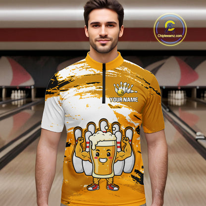 Yellow Funny Beer Bowling Shirts for Women Men Team Bowling Polo&1/4 Zip Bowl League MBL253