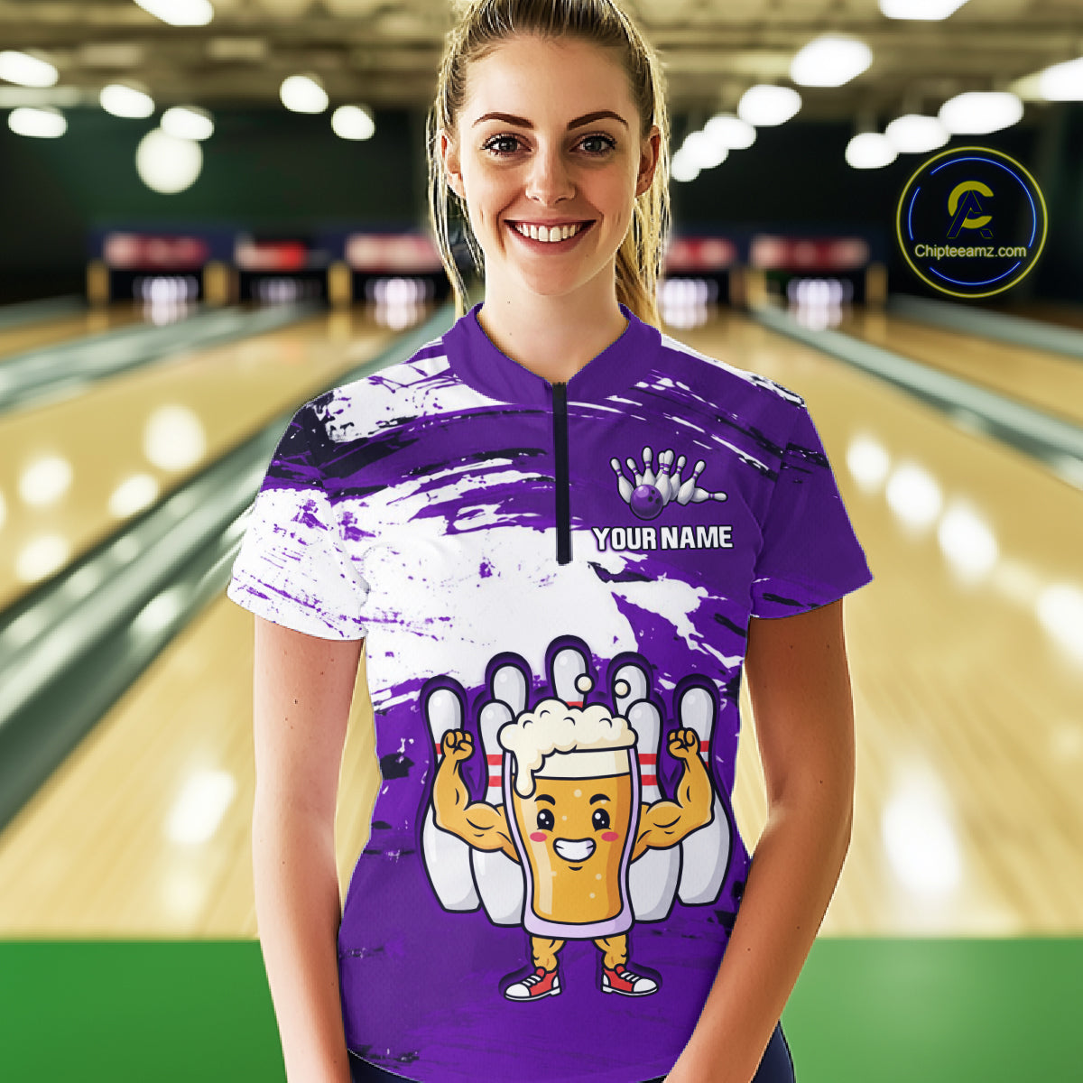 Purple Funny Beer Bowling Shirts for Women Men Team Bowling Polo&1/4 Zip Bowl League MBL253