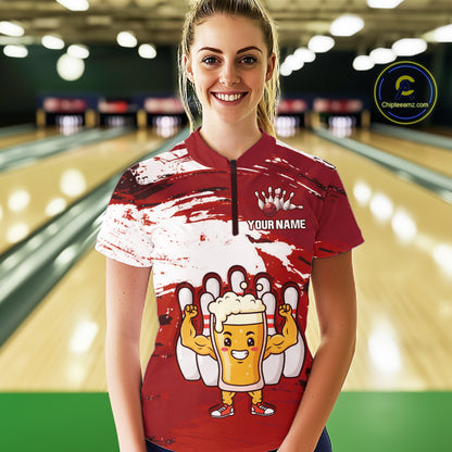 Red Funny Beer Bowling Shirts for Women Men Team Bowling Polo&1/4 Zip Bowl League MBL253
