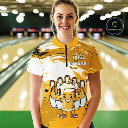 Yellow Funny Beer Bowling Shirts for Women Men Team Bowling Polo&1/4 Zip Bowl League MBL253