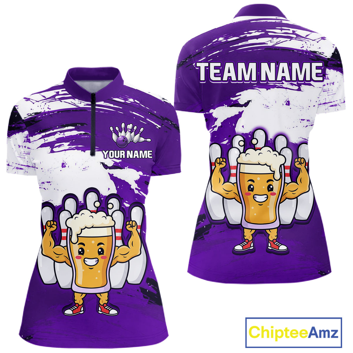 Purple Funny Beer Bowling Shirts for Women Men Team Bowling Polo&1/4 Zip Bowl League MBL253