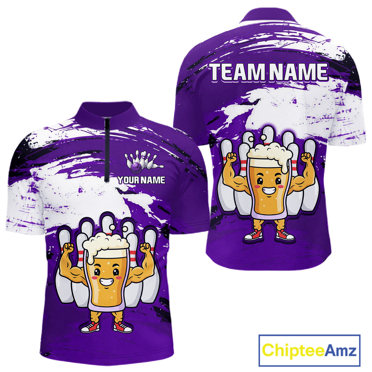 Purple Funny Beer Bowling Shirts for Women Men Team Bowling Polo&1/4 Zip Bowl League MBL253