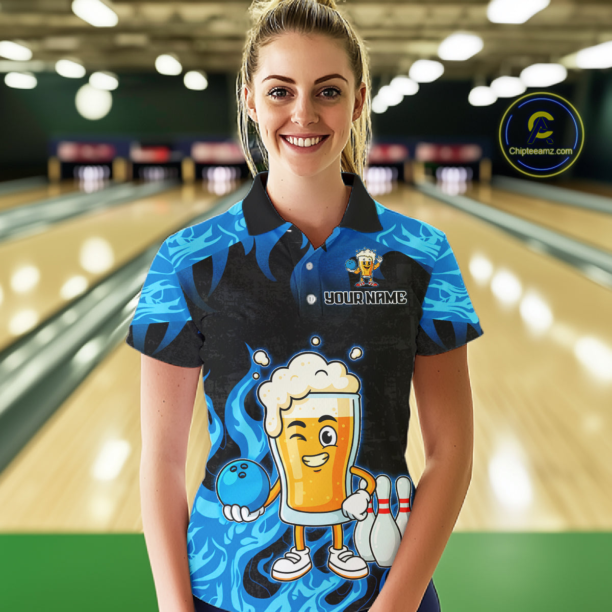 Blue Flaming Beer Bowling Shirts Beer Bowling Jersey for Team Women Men Bowler MBL262