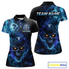 Load image into Gallery viewer, Front and back views of a black bowling polo shirt featuring a flaming skull with glowing orange eyes, blue smoke effects, and custom “TEAM NAME” and “YOUR NAME” text.