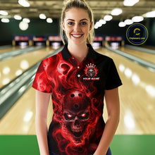 Load image into Gallery viewer, Woman wearing a flaming skull with glowing red eyes, red smoke effects, and custom “YOUR NAME” text.