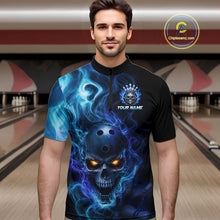 Load image into Gallery viewer, Man wearing a black bowling quarter zip shirt featuring a flaming skull with glowing orange eyes, blue smoke effects, and custom “YOUR NAME” text.
