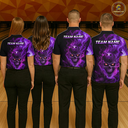 Four people wearing purple shirts with a skull design on a bowling alley.