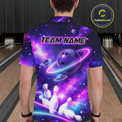 Man wearing a purple galaxy bowling quarter zip with ringed planet bowling balls, white pins, and custom team name text.