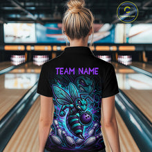 Load image into Gallery viewer, Woman wearing a black bowling quarter zip with teal and purple bee graphics, custom team text, bowling pins, and a purple bowling ball.