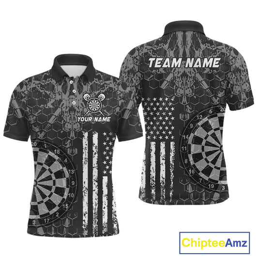 Front and back darts polo shirt featuring dartboard graphics blended with a american flag pattern on a black gray background.
