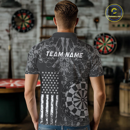 Man wearing darts polo shirt featuring dartboard graphics blended with a american flag pattern on a black gray background.