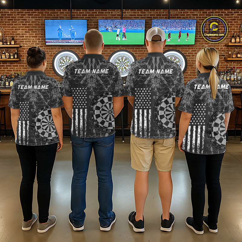 Four people wearing darts polo shirt featuring dartboard graphics blended with a american flag pattern on a black gray background.