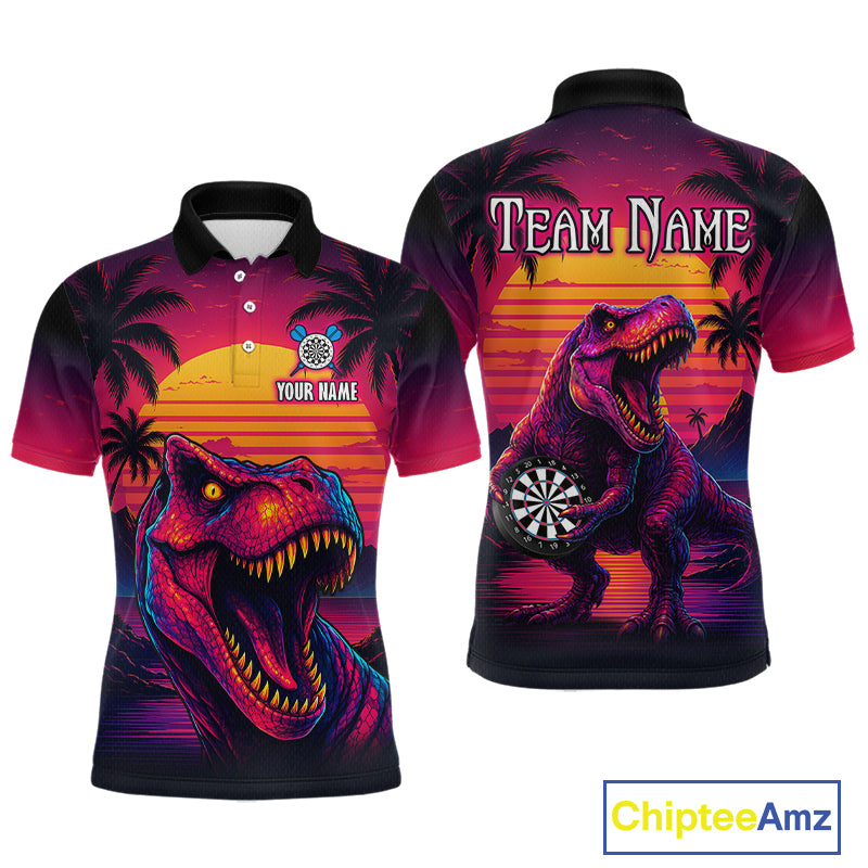 Front and back darts polo shirt featuring a dinosaur holding a dartboard with sunset and palm tree artwork on a colorful background.