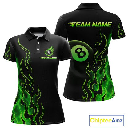 Front and back billiards polo shirt featuring an eight ball design surrounded by flowing green flame graphics on a black background.