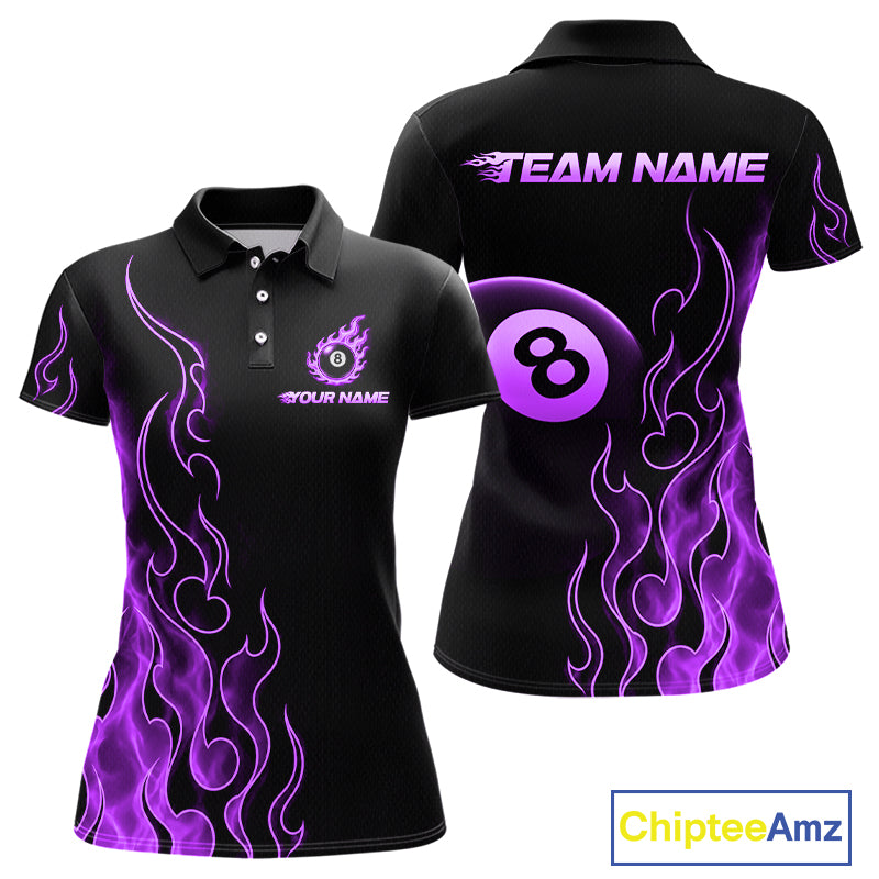 Front and back billiards polo shirt featuring an eight ball design surrounded by flowing purple flame graphics on a black background.