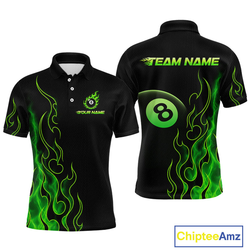 Front and back billiards polo shirt featuring an eight ball design surrounded by flowing green flame graphics on a black background.