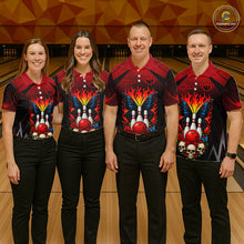 Load image into Gallery viewer, Four people wearing red and black bowling polo shirt featuring flaming bowling pins, a red bowling ball, a blue butterfly, roses, skulls, and custom player name text.