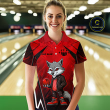 Load image into Gallery viewer, Woman wearing a red and black bowling polo shirt featuring a gray wolf mascot holding a red bowling ball, with custom player name text.