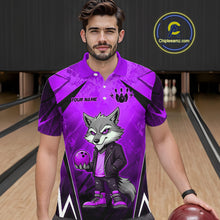 Load image into Gallery viewer, Man wearing a purple and black bowling polo shirt featuring a gray wolf mascot holding a purple bowling ball, with custom player name text.