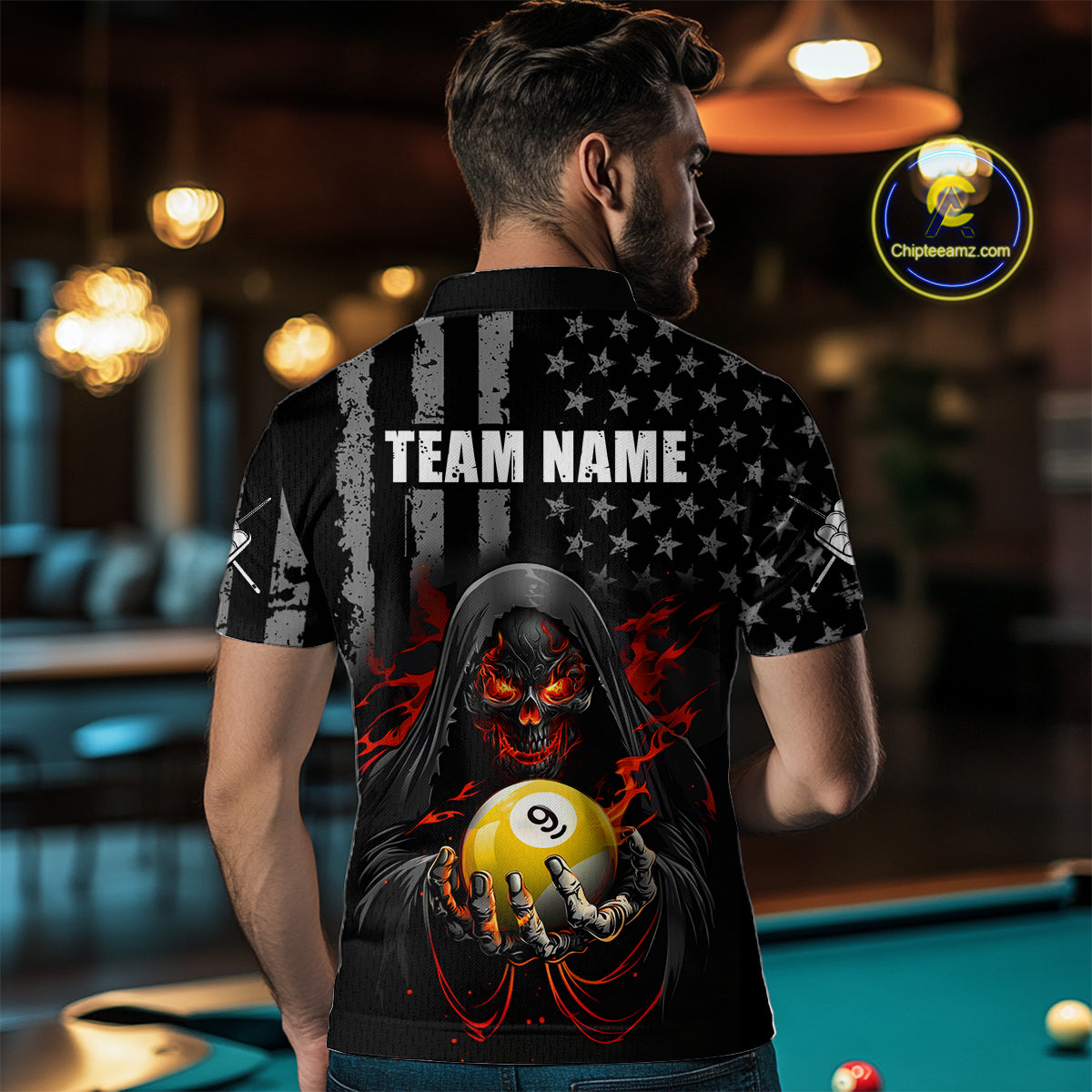 Custom US Skull 9 Ball Billiard Shirts for Men Billiard Team Shirts Billiard League Polo & 1/4 Zip NNT94