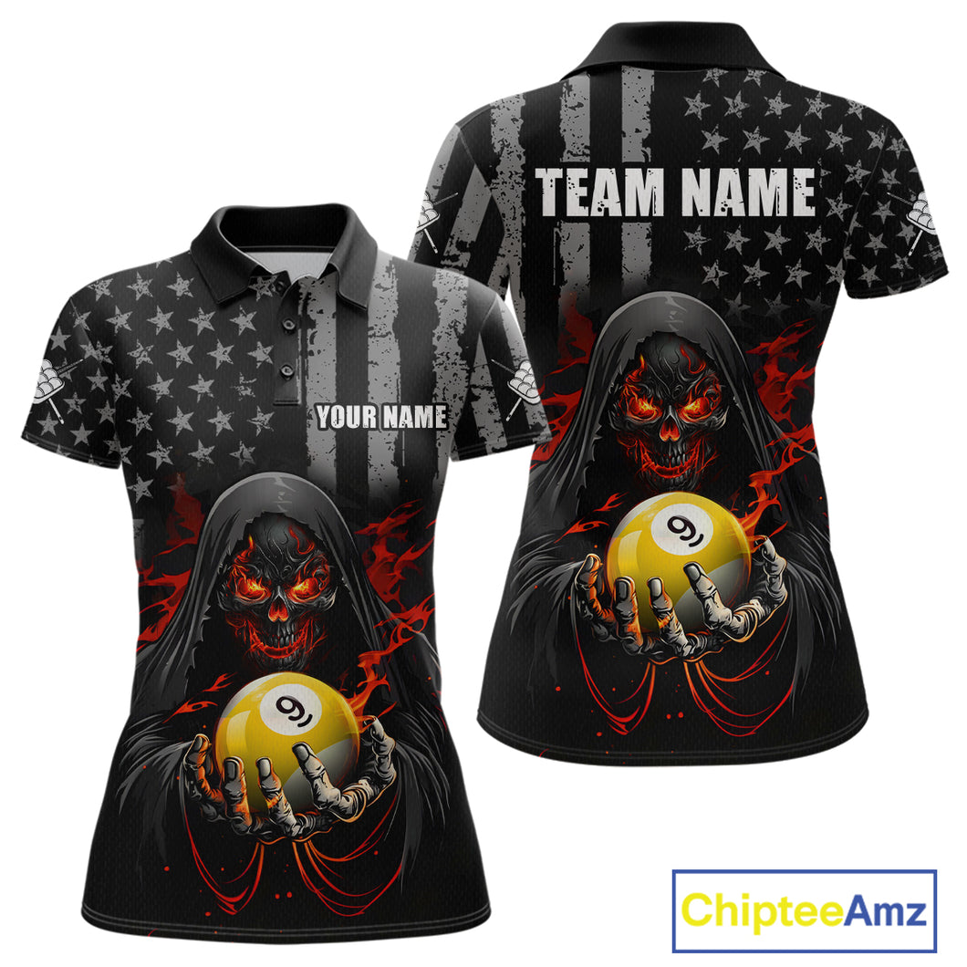 Custom US Skull 9 Ball Billiard Shirts for Women Billiard Team Shirts Billiard League Polo & 1/4 Zip NNT94