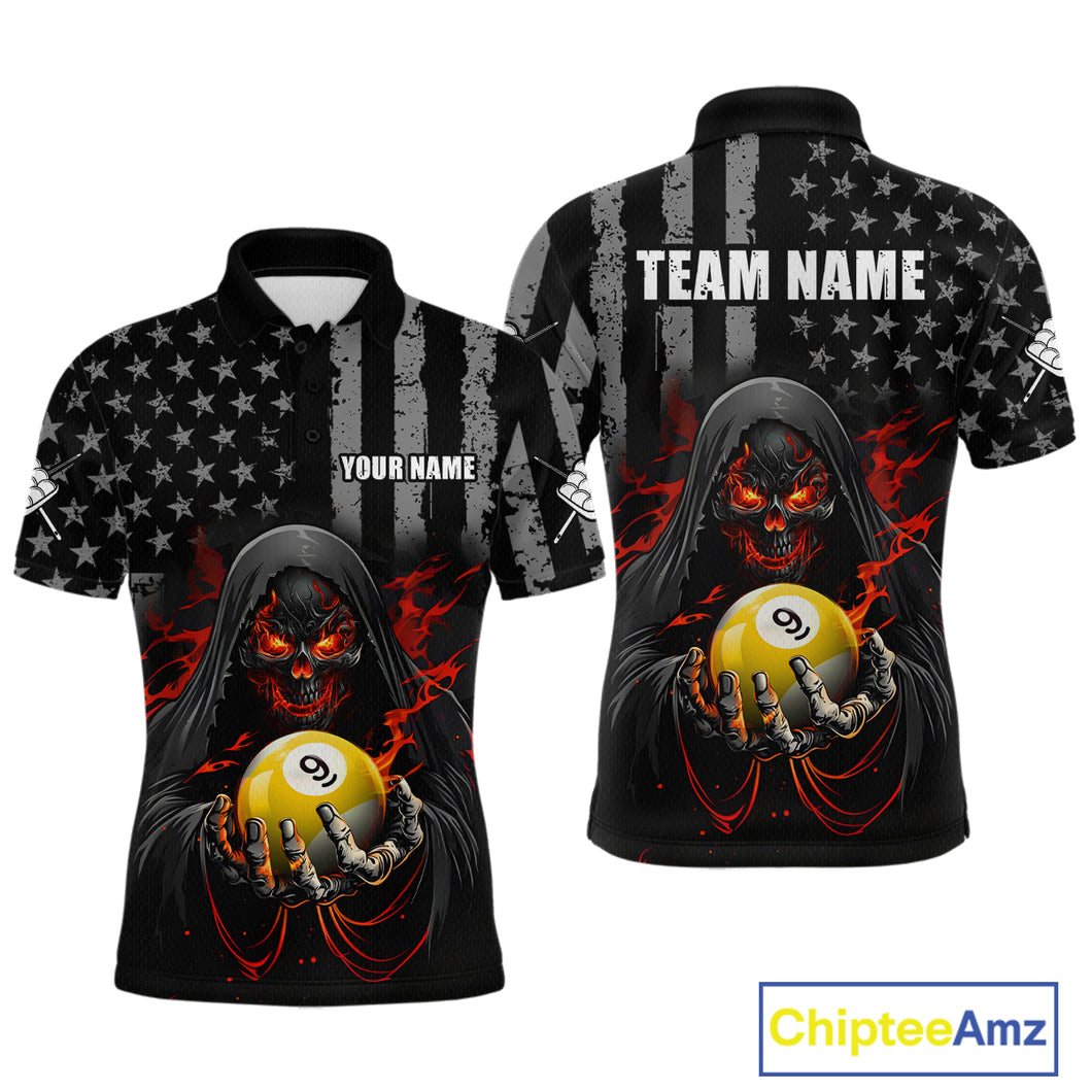 Custom US Skull 9 Ball Billiard Shirts for Men Billiard Team Shirts Billiard League Polo & 1/4 Zip NNT94