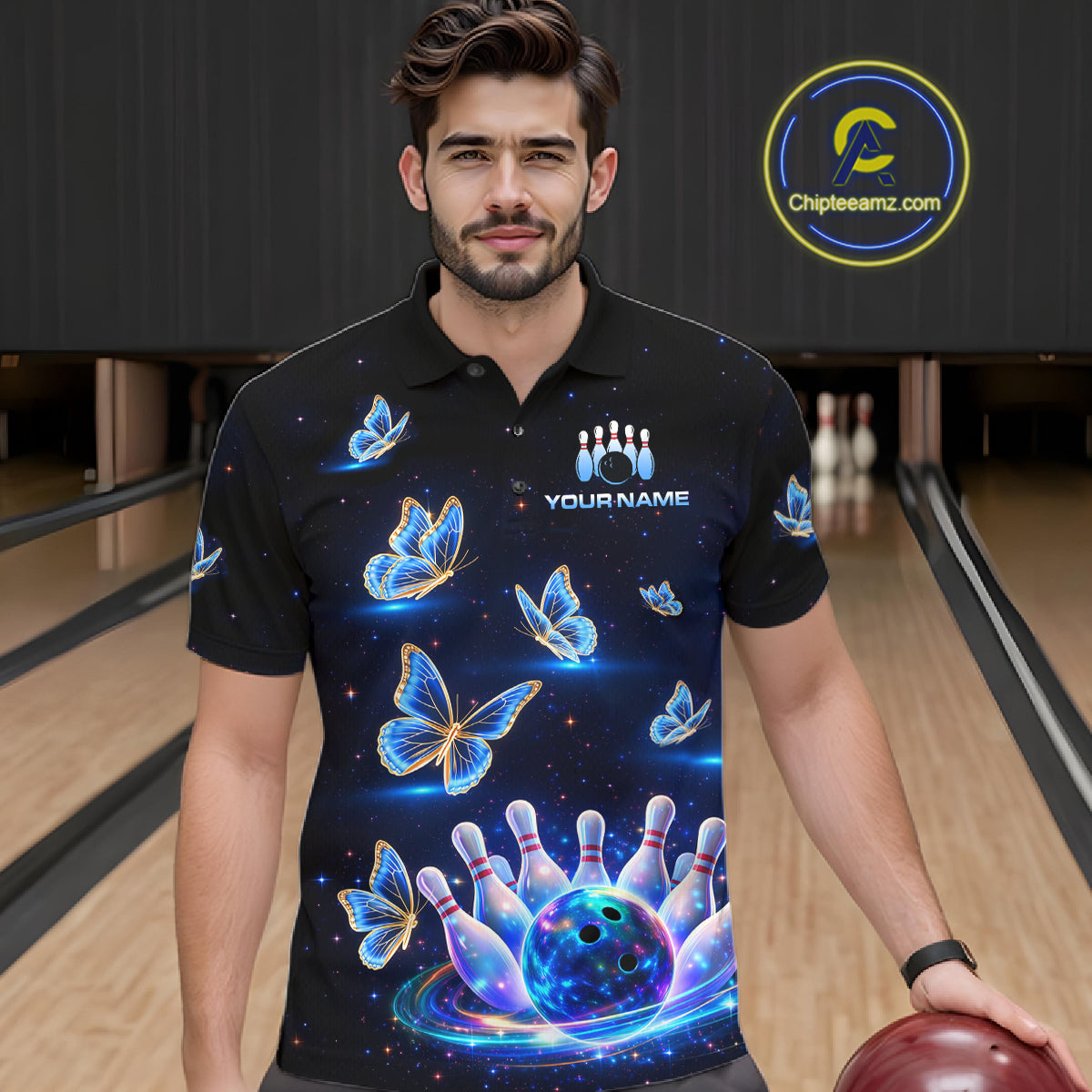 Custom Galaxy Butterflies Bowling Jersey for Men Bowling Tournament Polo & 1/4 Zip Bowling Team Shirts HNT211