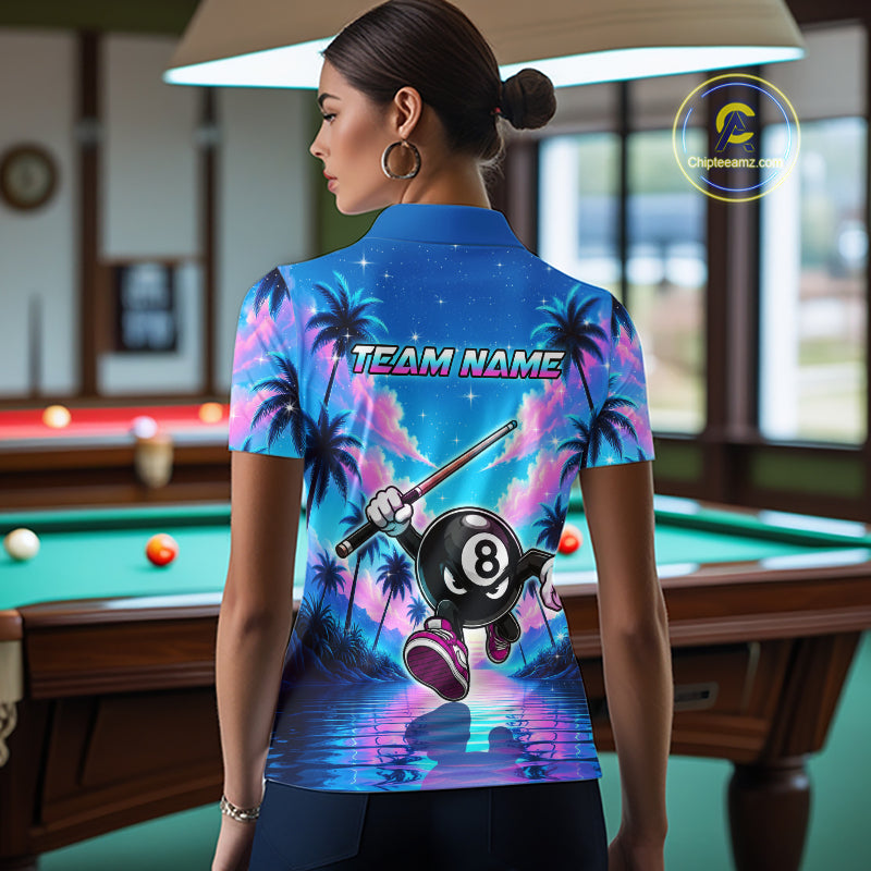 Women wearing personalized billiards polo shirt with an eight ball character moving through a tropical scene with palm trees and sunset reflections.