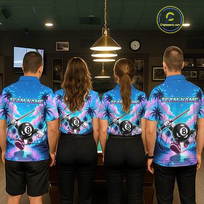 Four people wearing personalized billiards polo shirt with an eight ball character moving through a tropical scene with palm trees and sunset reflections.