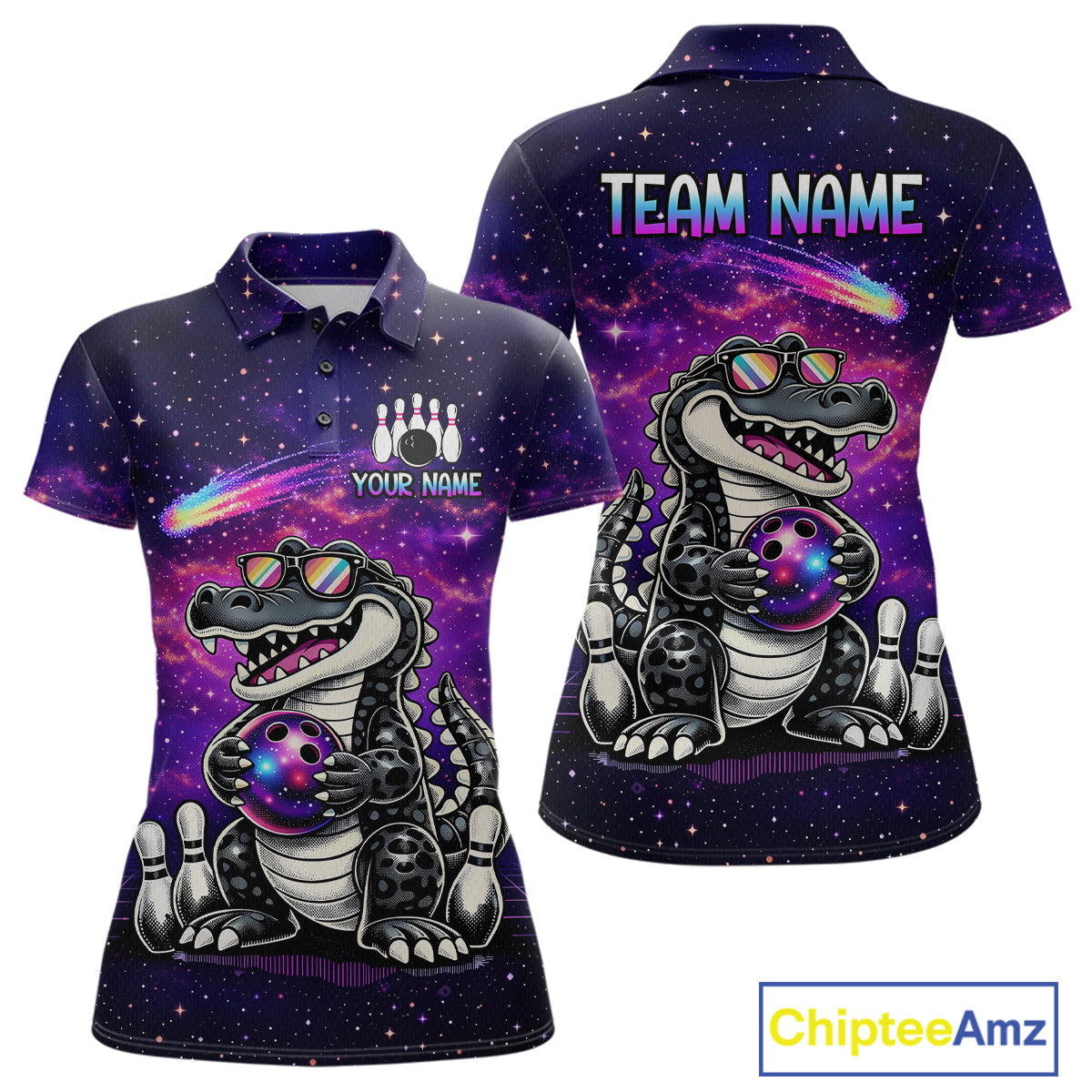 Custom Funny Galaxy Alligator Bowling Jersey for Women Bowling Tournament Polo & 1/4 Zip Bowling Team Shirts HNT218
