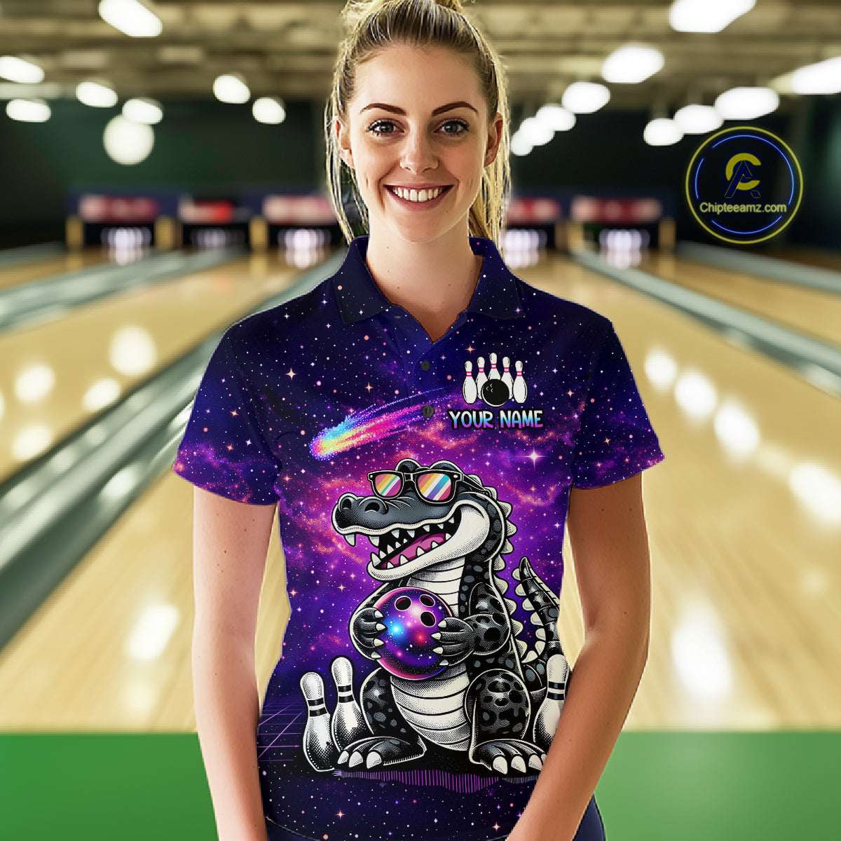 Custom Funny Galaxy Alligator Bowling Jersey for Women Bowling Tournament Polo & 1/4 Zip Bowling Team Shirts HNT218