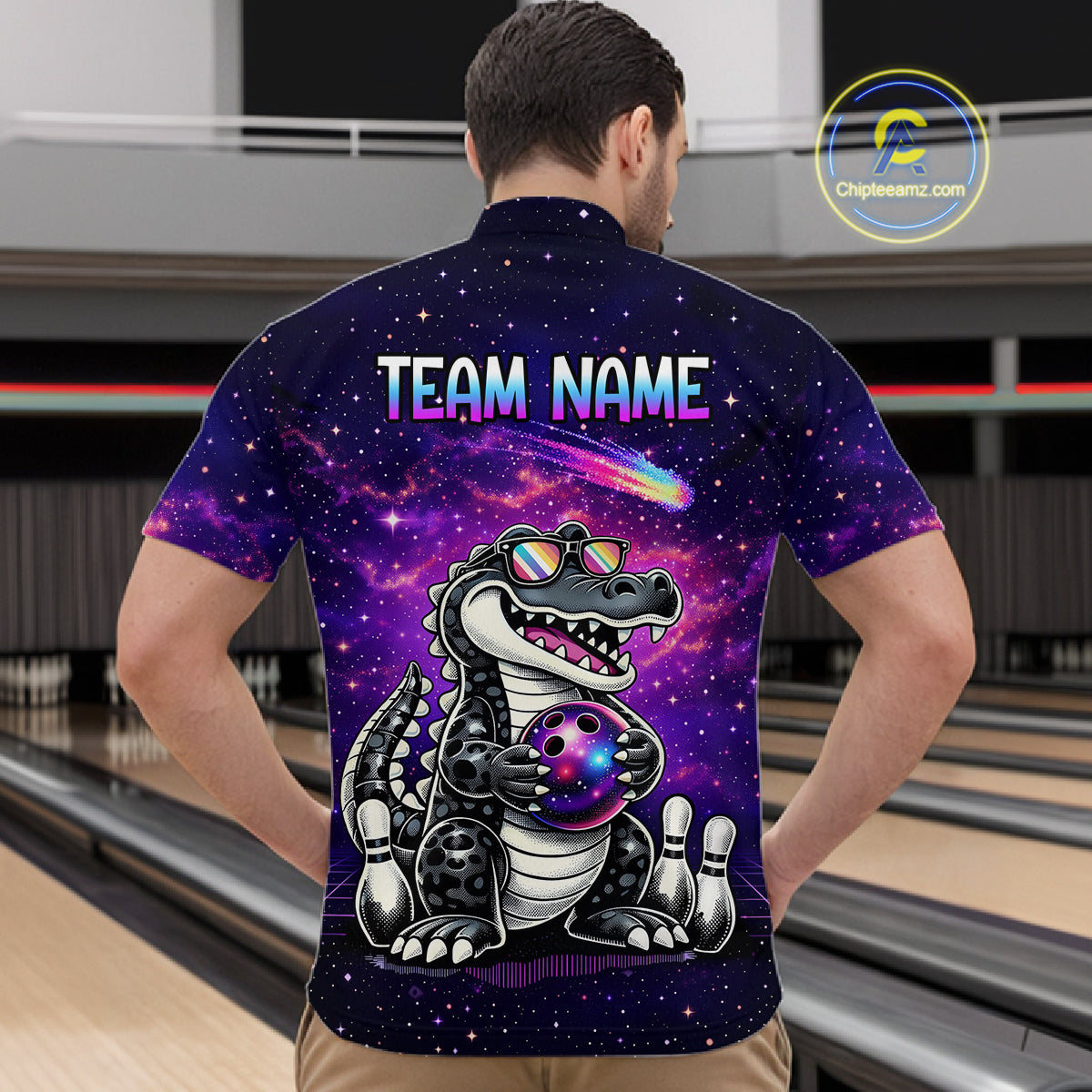 Custom Funny Galaxy Alligator Bowling Jersey for Men Bowling Tournament Polo & 1/4 Zip Bowling Team Shirts HNT218