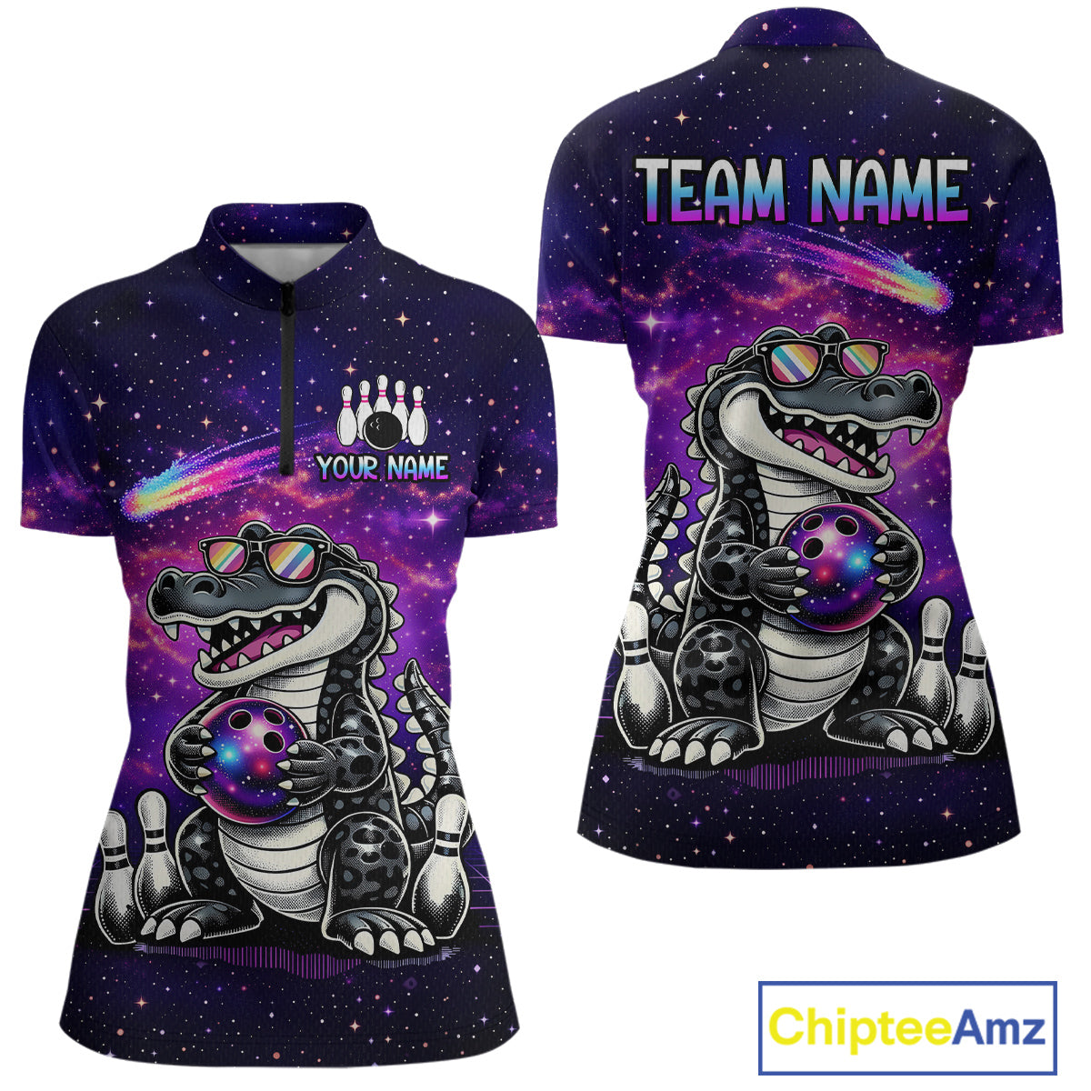 Custom Funny Galaxy Alligator Bowling Jersey for Women Bowling Tournament Polo & 1/4 Zip Bowling Team Shirts HNT218