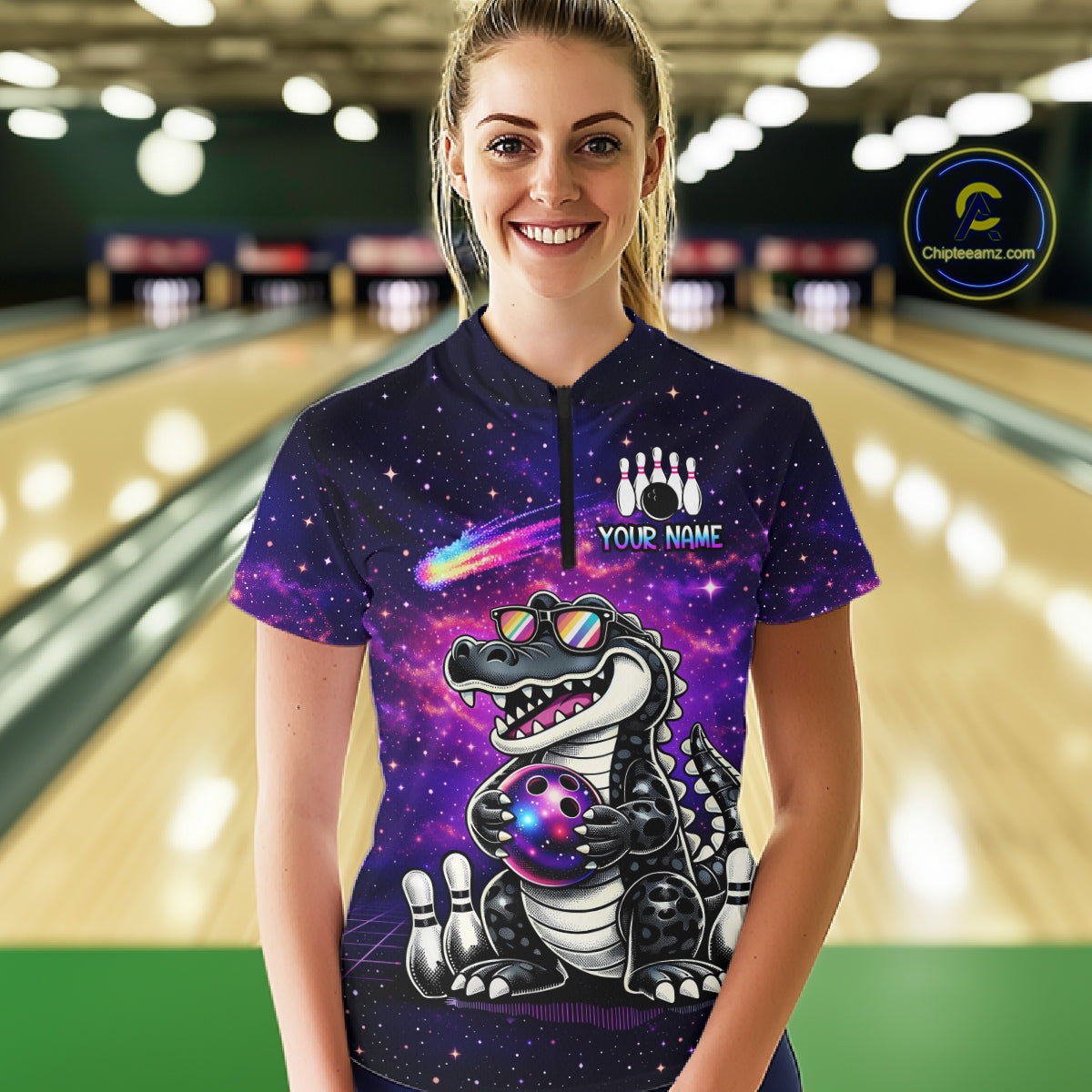 Custom Funny Galaxy Alligator Bowling Jersey for Women Bowling Tournament Polo & 1/4 Zip Bowling Team Shirts HNT218