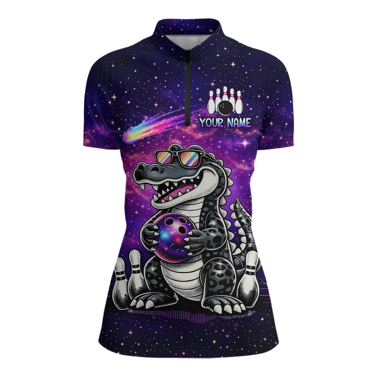 Custom Funny Galaxy Alligator Bowling Jersey for Women Bowling Tournament Polo & 1/4 Zip Bowling Team Shirts HNT218