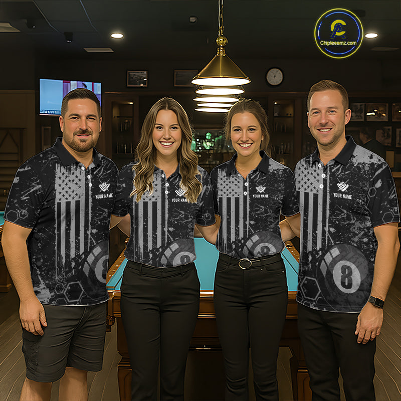Custom American Flag 8 Ball Billiard Shirts for Men Billiard Team Jerseys Billiard League Polo & 1/4 Zip NNT286