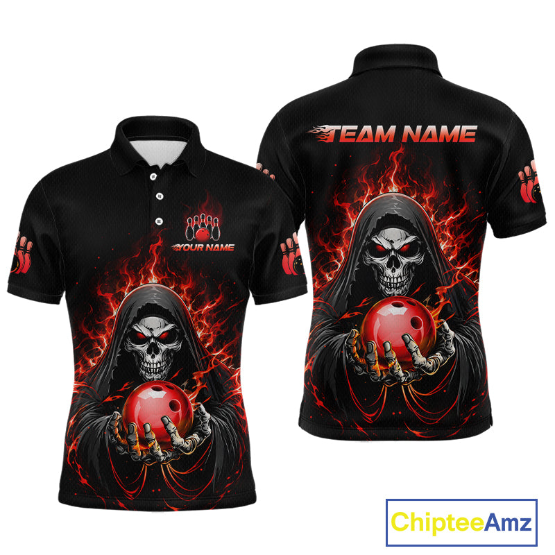 Custom Red Flame Grim Reaper Bowling Jersey for Men Bowling Team Shirts Polo & 1/4 Zip HNT479
