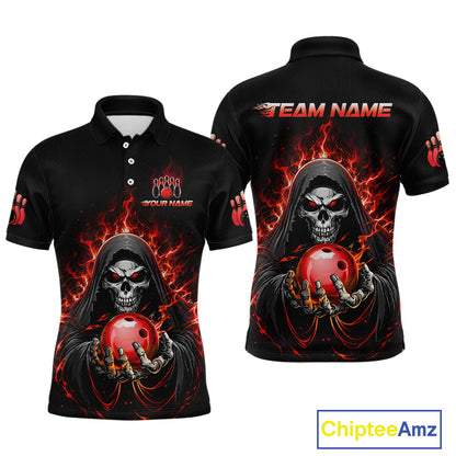 Custom Red Flame Grim Reaper Bowling Jersey for Men Bowling Team Shirts Polo & 1/4 Zip HNT479