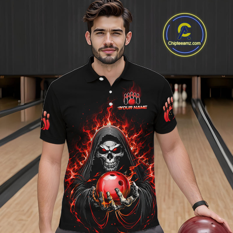 Custom Red Flame Grim Reaper Bowling Jersey for Men Bowling Team Shirts Polo & 1/4 Zip HNT479