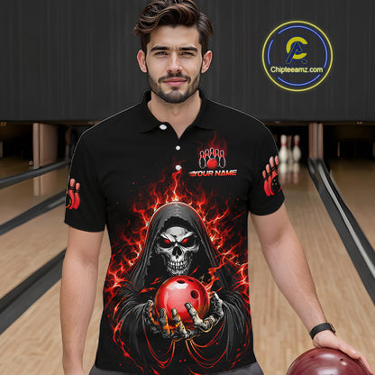 Custom Red Flame Grim Reaper Bowling Jersey for Men Bowling Team Shirts Polo & 1/4 Zip HNT479